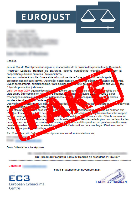 An example of a fake letter misusing Eurojust's identity